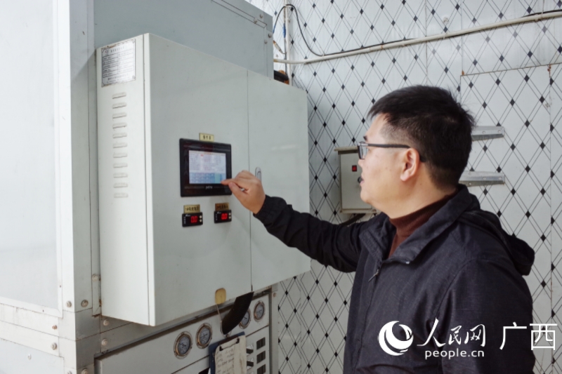 覃能杰操控智能菇房。人民網記者 覃心攝