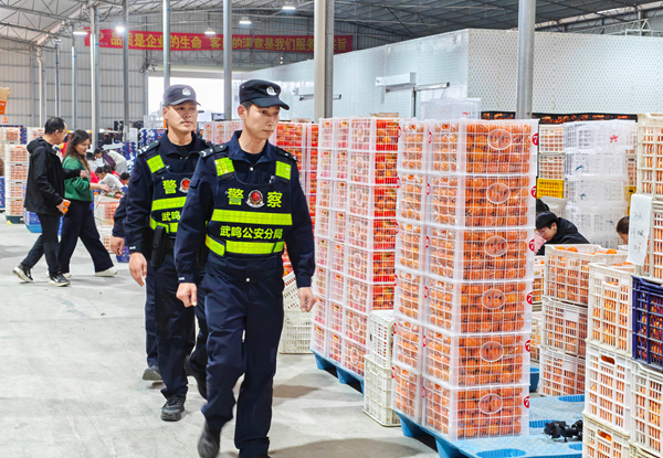 双桥派出所民辅警走进辖区沃柑企业进行走访检查，确保春节生产安全。周岩摄
