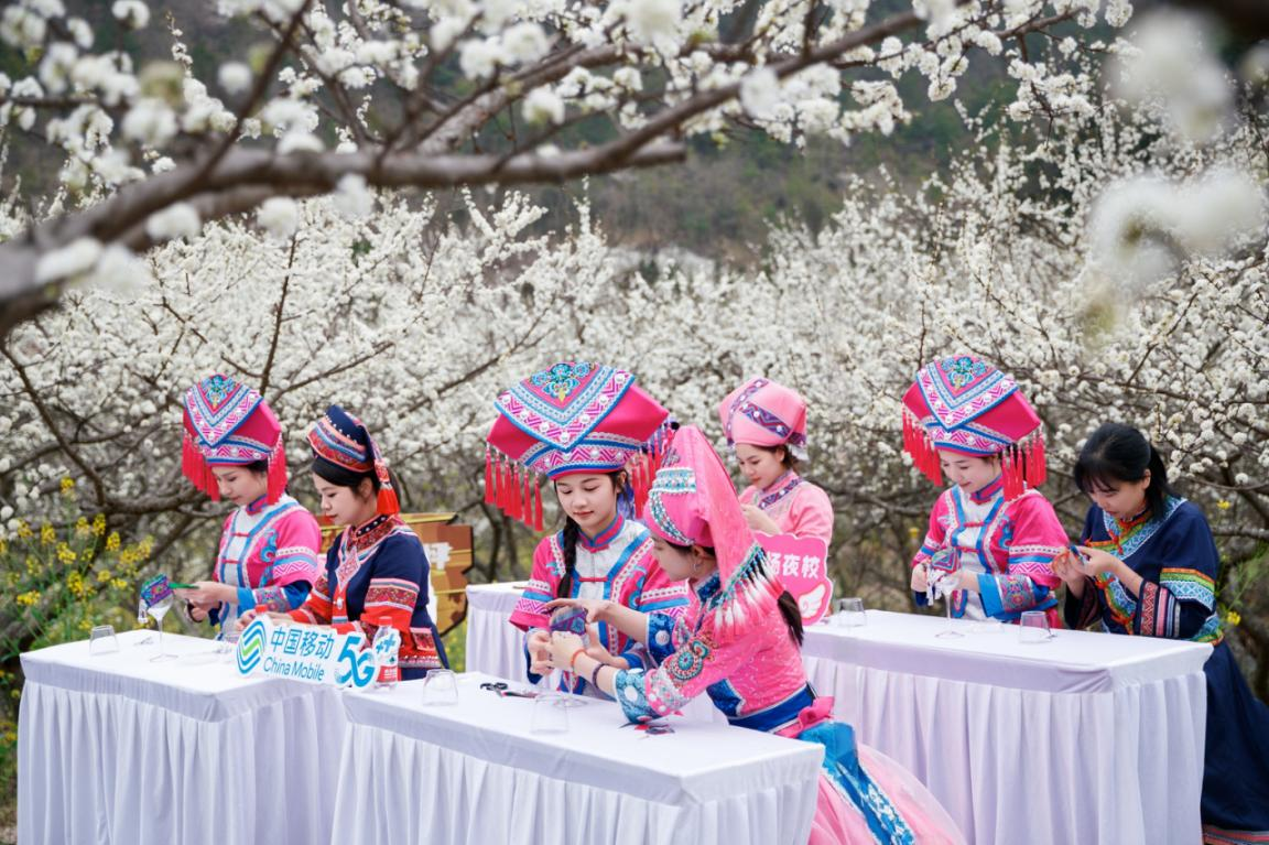 中国移动广西公司员工身穿传统民族服饰开展直播展示传统壮锦工艺。兰逢春摄