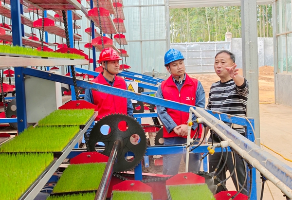 党员服务队向水稻产业中心管理人员了解春耕生产用电情况。方天学摄