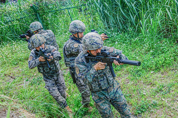 武警官兵进行丛林地战术搜索。