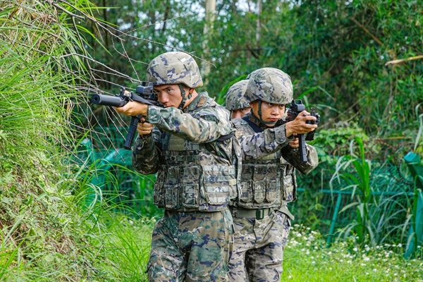 武警官兵进行丛林地战术搜索。