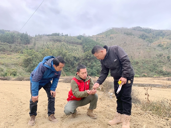 1.图为民治村第一书记潘东钦带领冬耕服务队实地查看土壤情况。