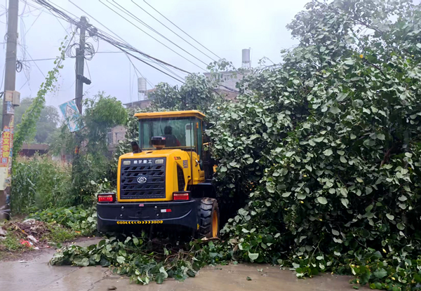 珊罗镇长纳村党员干部和群众一同清理道路障碍。林燊摄