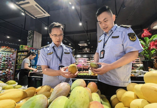 南宁市市场监管局执法人员在横州市陶圩镇一家超市检查时令水果。何正君摄