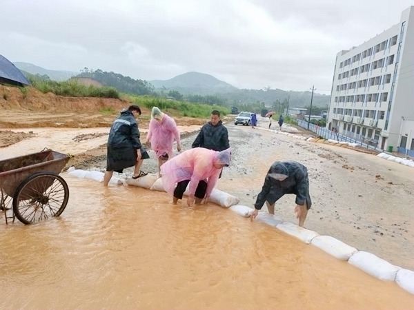 党员干部用沙袋围堵塌方涵洞、汛路面积水。浦北