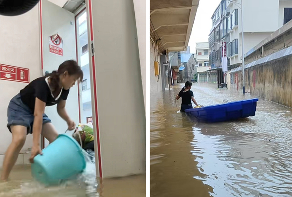 洪水暴涨，机房出现渗水险情，那彭支局李国玲迅速排水以及蹚水运送防汛沙包
