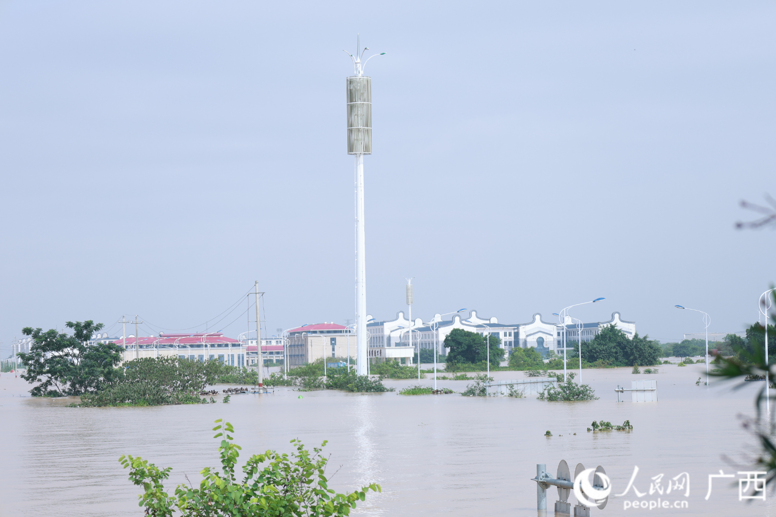 被洪水围困的上的黎明校园，一片汪洋。孤岛人民网 韦欢摄