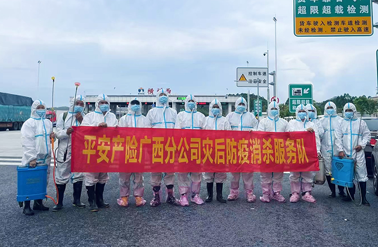 平安产险广西分公司组建专项消杀队伍，深入各村屯、公共区域开展防疫消杀。平安产险广西分公司供图