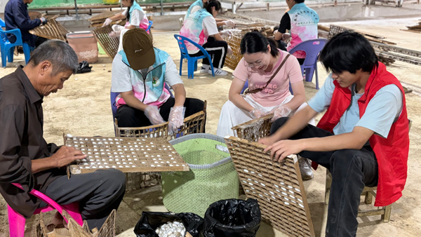 实践团成员帮群众剥蚕茧。李强盛摄