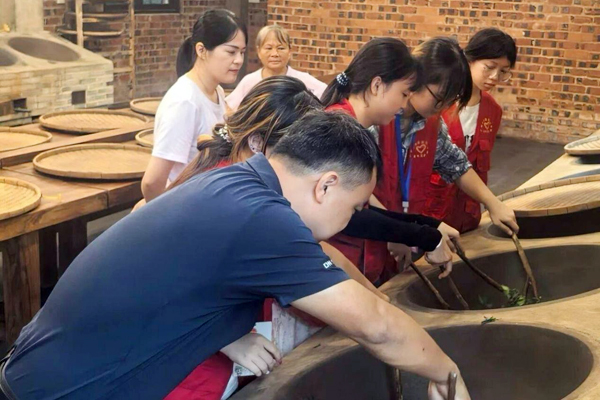 校团委“茶承六堡韵，‘梧’‘膏’不负乡”实践团与非遗代表性传承人沉浸式体验炒茶。学校供图