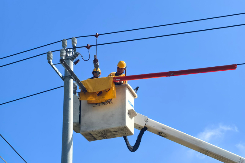 國慶節前夕，陸川供電局配電線路帶電班自主開展帶電作業工作消除線路隱患。