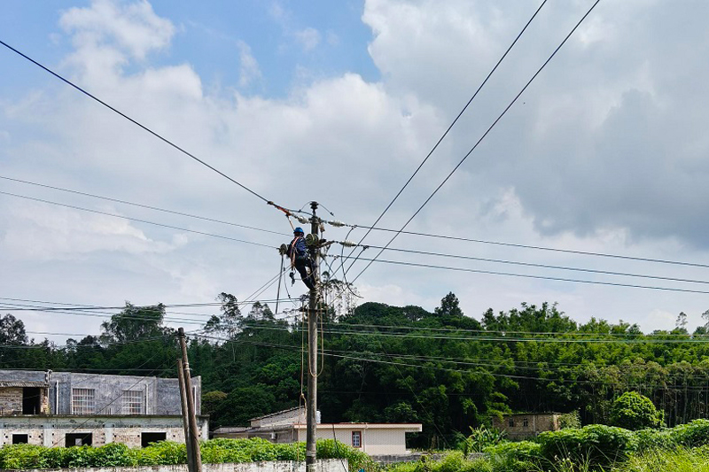 國慶節前夕，陸川供電局運維人員對10千伏旺同線開展登杆檢修消缺。
