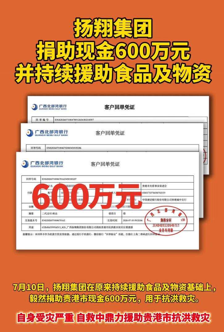 揚翔集團捐助現金600萬元並持續援助食品及物資